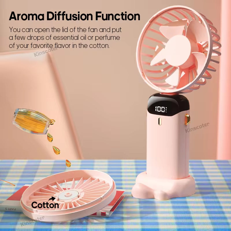 USB Rechargeable Handheld Mini Fan with 5 Speed Settings, Foldable Design, Neck Hanging Capability, Phone Stand, and Display Screen