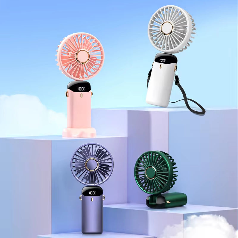 USB Rechargeable Handheld Mini Fan with 5 Speed Settings, Foldable Design, Neck Hanging Capability, Phone Stand, and Display Screen