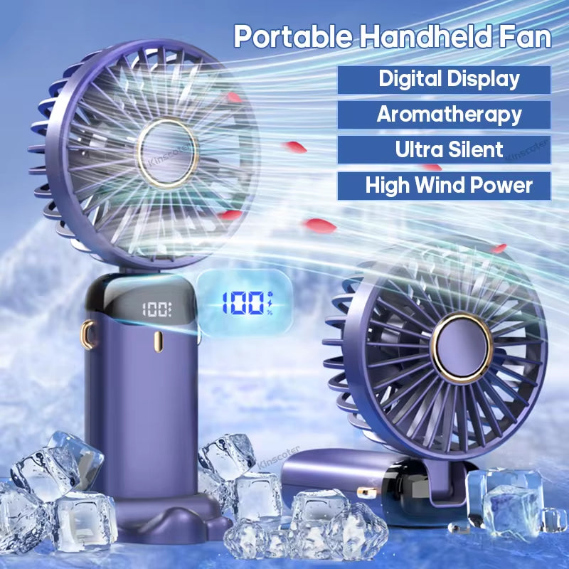 USB Rechargeable Handheld Mini Fan with 5 Speed Settings, Foldable Design, Neck Hanging Capability, Phone Stand, and Display Screen