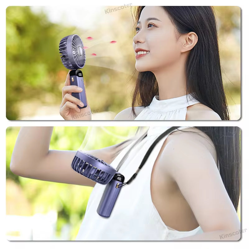 USB Rechargeable Handheld Mini Fan with 5 Speed Settings, Foldable Design, Neck Hanging Capability, Phone Stand, and Display Screen