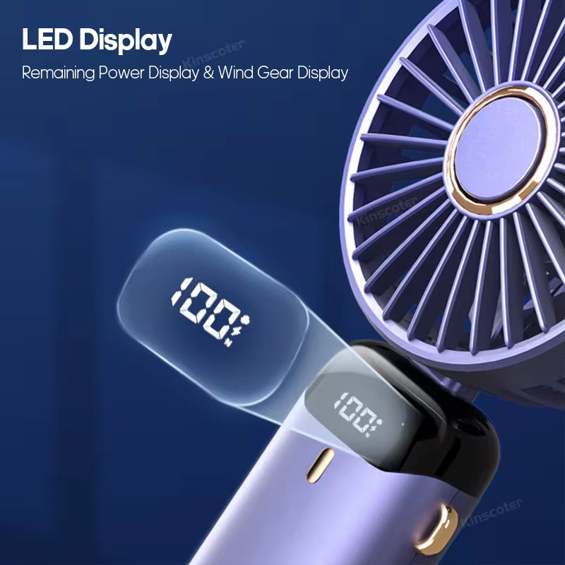 USB Rechargeable Handheld Mini Fan with 5 Speed Settings, Foldable Design, Neck Hanging Capability, Phone Stand, and Display Screen