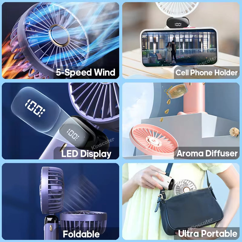 USB Rechargeable Handheld Mini Fan with 5 Speed Settings, Foldable Design, Neck Hanging Capability, Phone Stand, and Display Screen