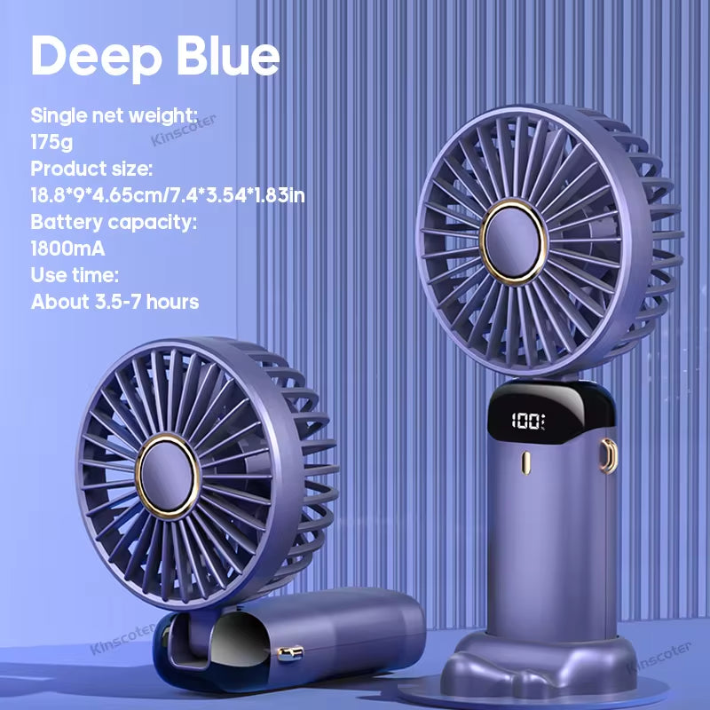 USB Rechargeable Handheld Mini Fan with 5 Speed Settings, Foldable Design, Neck Hanging Capability, Phone Stand, and Display Screen